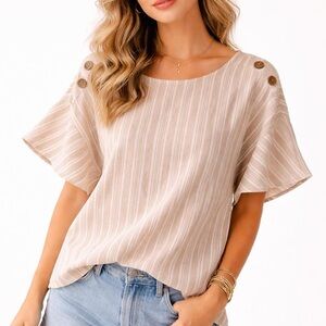 Linen Blend Coastal Minimalist Striped Blouse Wooden Buttons Oversized Small